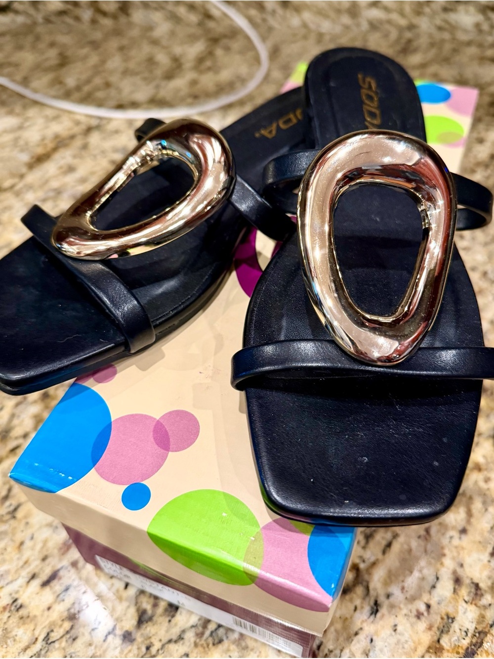 Soda Black Slide Sandals with Gold Oval Accent